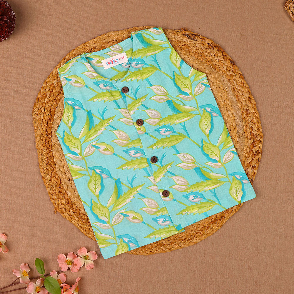 Aqua Tropical Leaf Print Cotton Vest