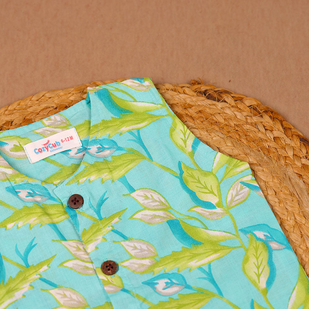 Aqua Tropical Leaf Print Cotton Vest
