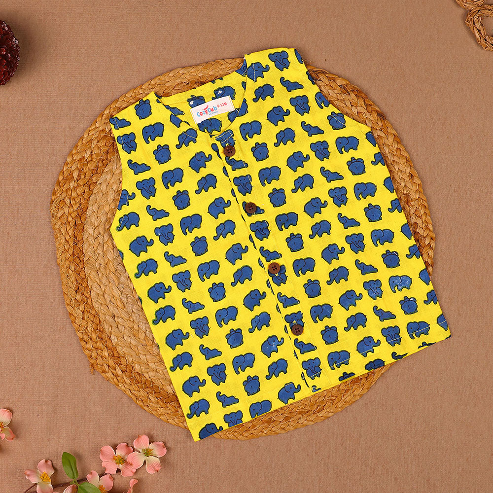 Yellow Elephant Print Cotton Vest