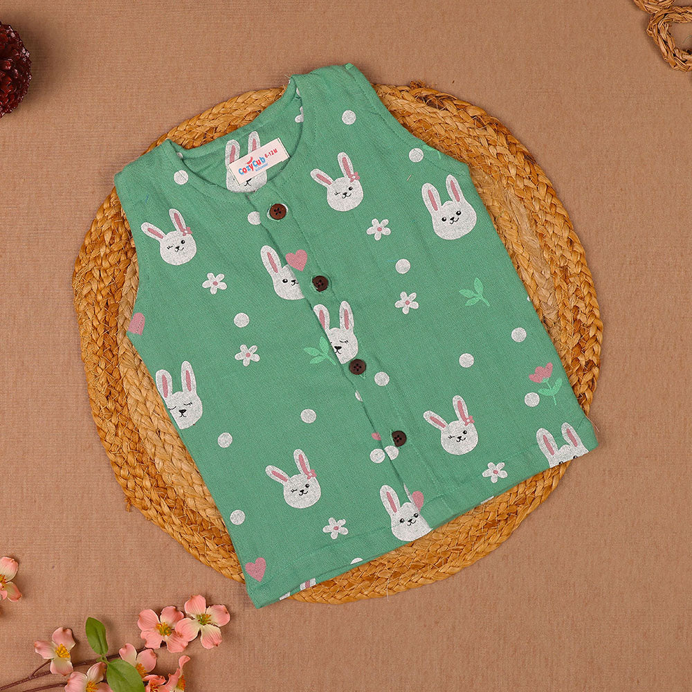 Mint Green Bunny Print Muslin Vest for Kids