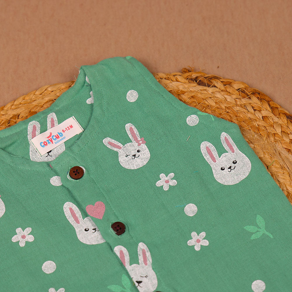 Mint Green Bunny Print Muslin Vest for Kids