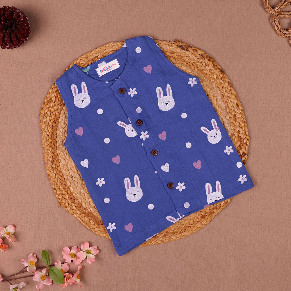 Royal Blue Bunny Print Muslin Vest for Kids