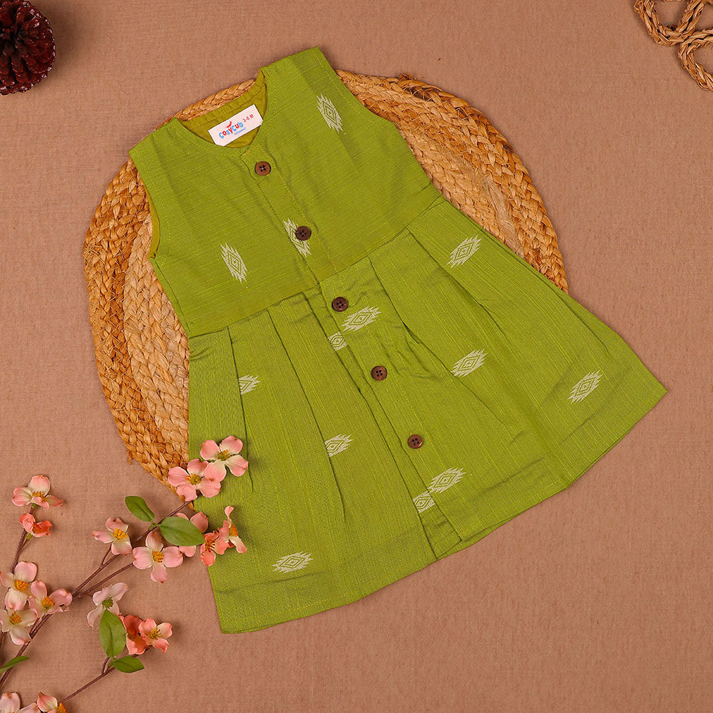 Olive Green Diamond Embroidered Silk Ethnic Frock for Girls