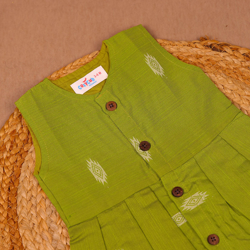 Olive Green Diamond Embroidered Silk Ethnic Frock for Girls